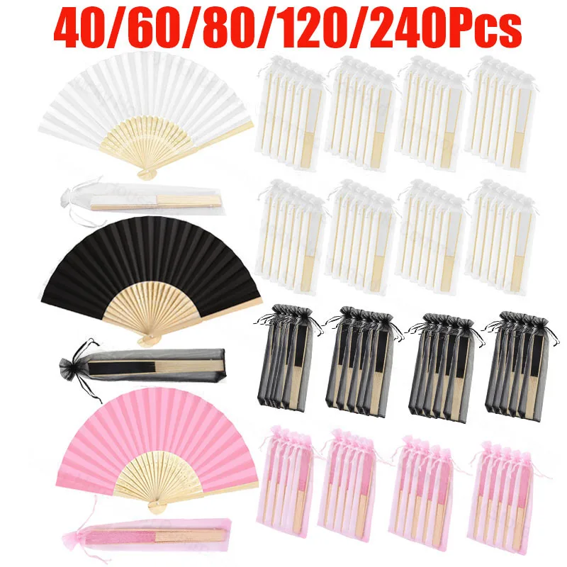 240-40Pcs Wedding Hand Fans Guests Folding Fans White Bamboo Fan with Fabric Bag Engagement Paper Fan Black Prop Fan for Dancing