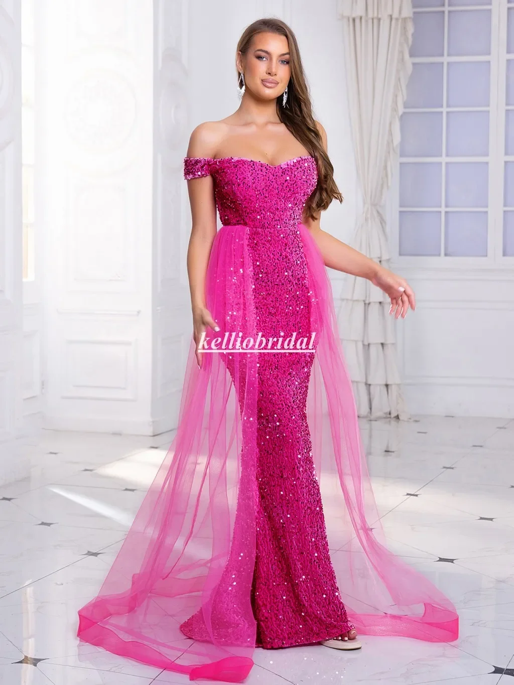 

Customized Off-shoulder Mermaid Hot Pink Celebrity Dresses Classic Design Evening Party Gown For Weddings