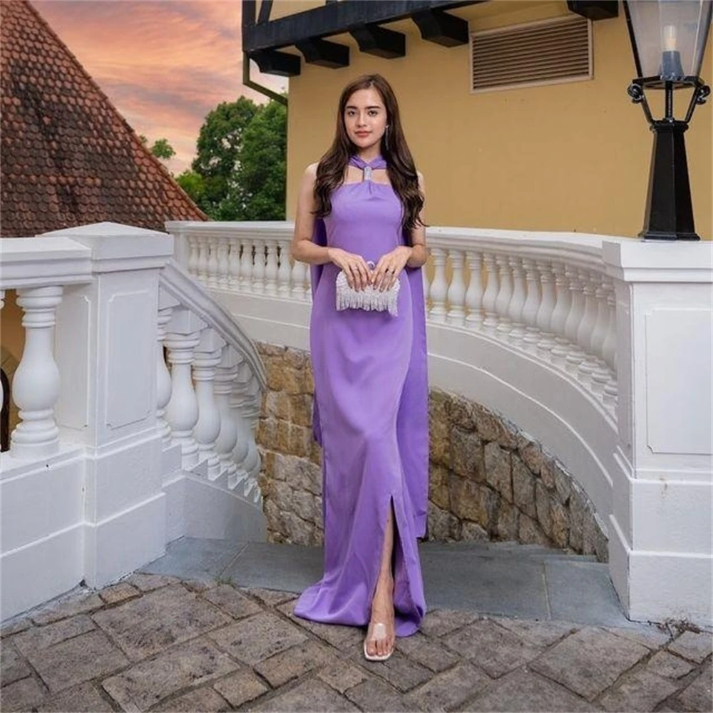 

Lovestory Vestidos Prom Dresses Halter Wraps Saudi Arabia Women Wear Sheath Party Evening Gowns Side Slit Bridesmaid Dress