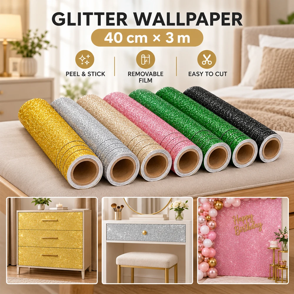 1Roll Glitter Wallpaper 40x300cm Peel and Stick Sparkle, Self Adhesive Removable Contact Paper for Bedroom Cabinet Drawer Shelf
