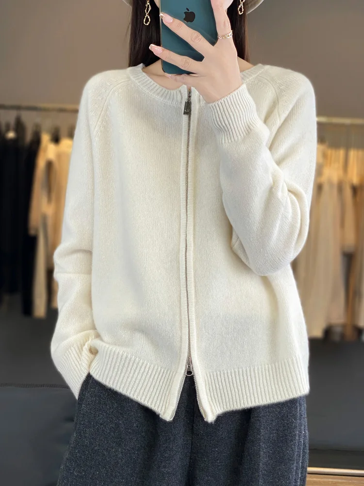 

CHICUU Women O-neck Zippers Wool Cardigan Sweater Autumn Winter 100% Merino Wool Knitwear Basic Casual Cashmere Knitwear Tops