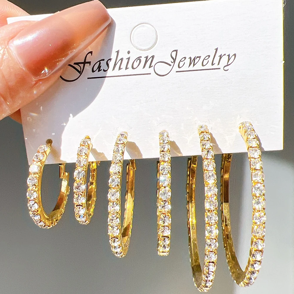 6PCS Exaggerated Big Gold Plated Crystal Rhinestone Hoop Earrings Set for Women Shiny Circle Earring Party Banquet Jewelry Gift