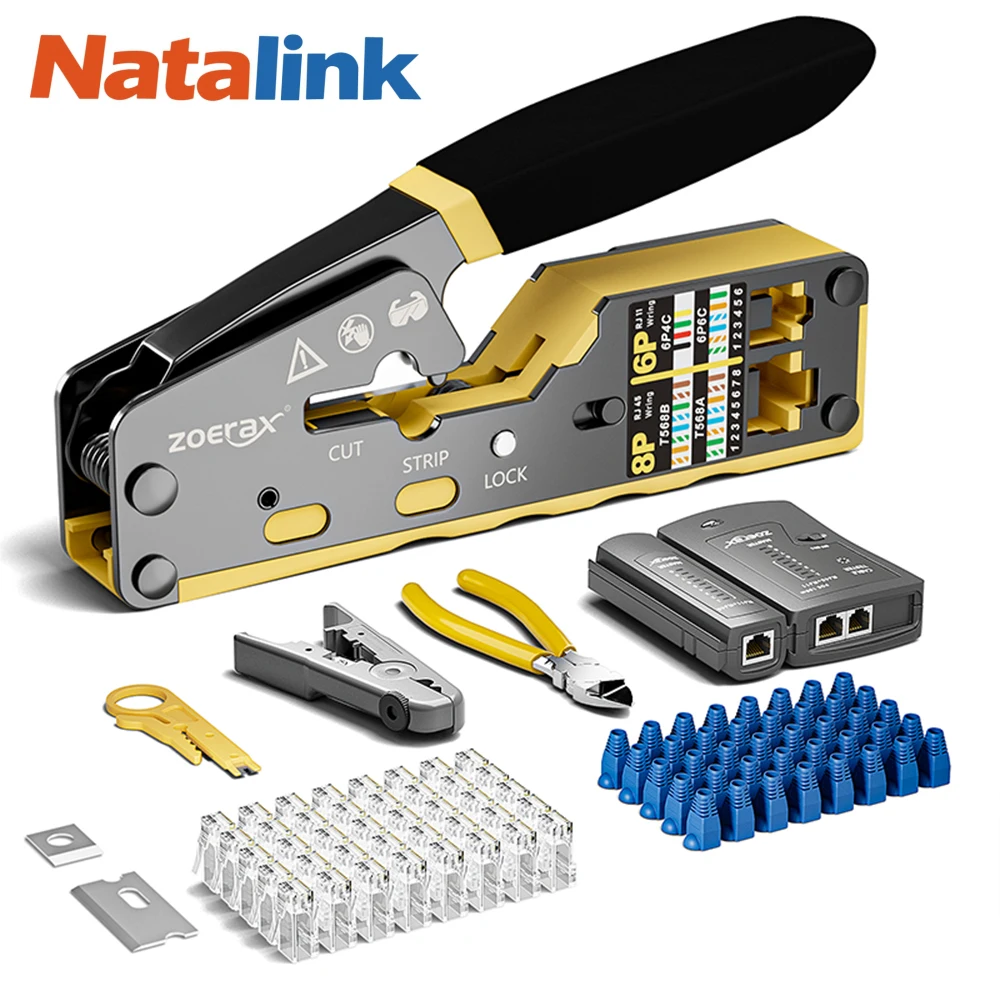 Natalink 8 in 1 RJ45 Crimp Tool Kit,Crimper tool,Cable Tester,Wire Cutter,Blades,50Pcs Cat 6 Connectors and Strain Relief Boots