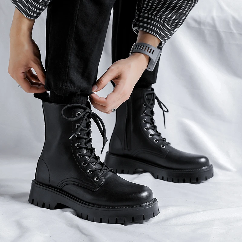 

big size men fashion high top motorcycle boots lace-up original leather shoes cowboy platform boot cool street long botas hombre