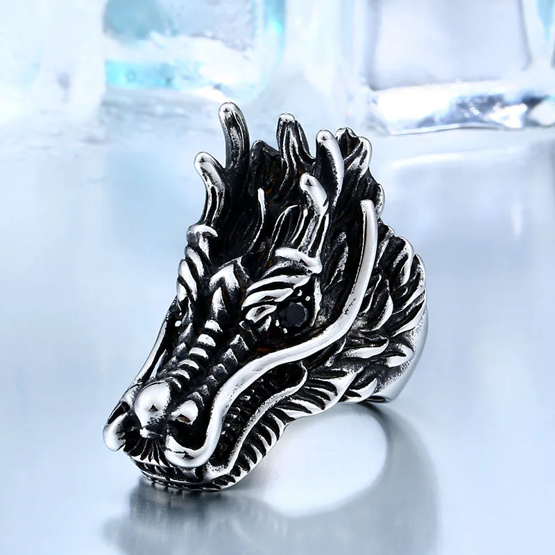 BEIER 316L Stainless Steel Dragon Head Ring With Black Red Eyes Ring Biker Rock Personality Animal Jewelry