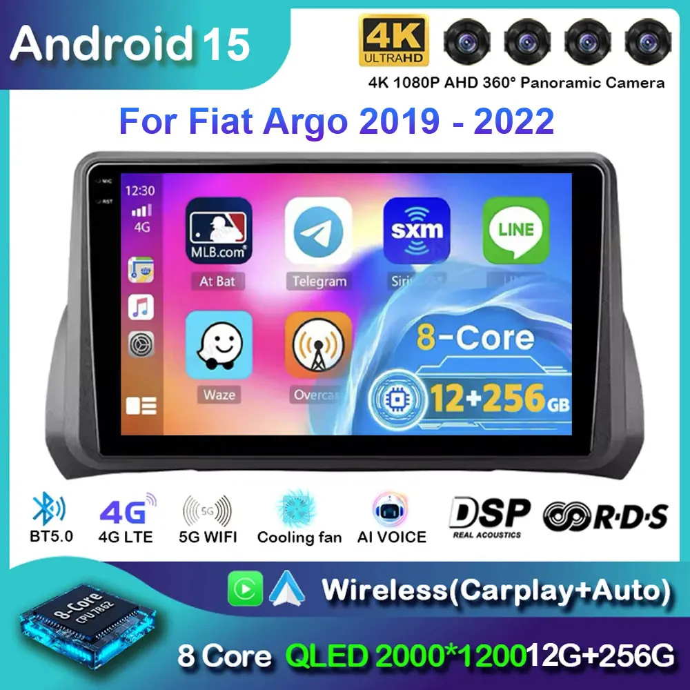 Android 15 para Fiat Argo 2019 2020 - 2022 reproductor de vídeo estéreo navegación Multimedia WIFI Radio de coche GPS 360 cámara Carplay Auto
