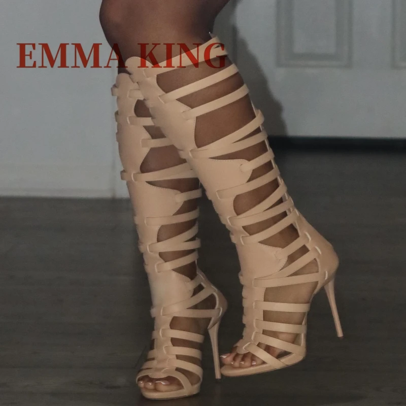 الصيف الرجعية المفتوحة تو صنادل طراز جلاديتور عالية الكعب مثير خنجر الجانب سستة أحذية الحفلات موضة فستان أنيق الصنادل للنساء