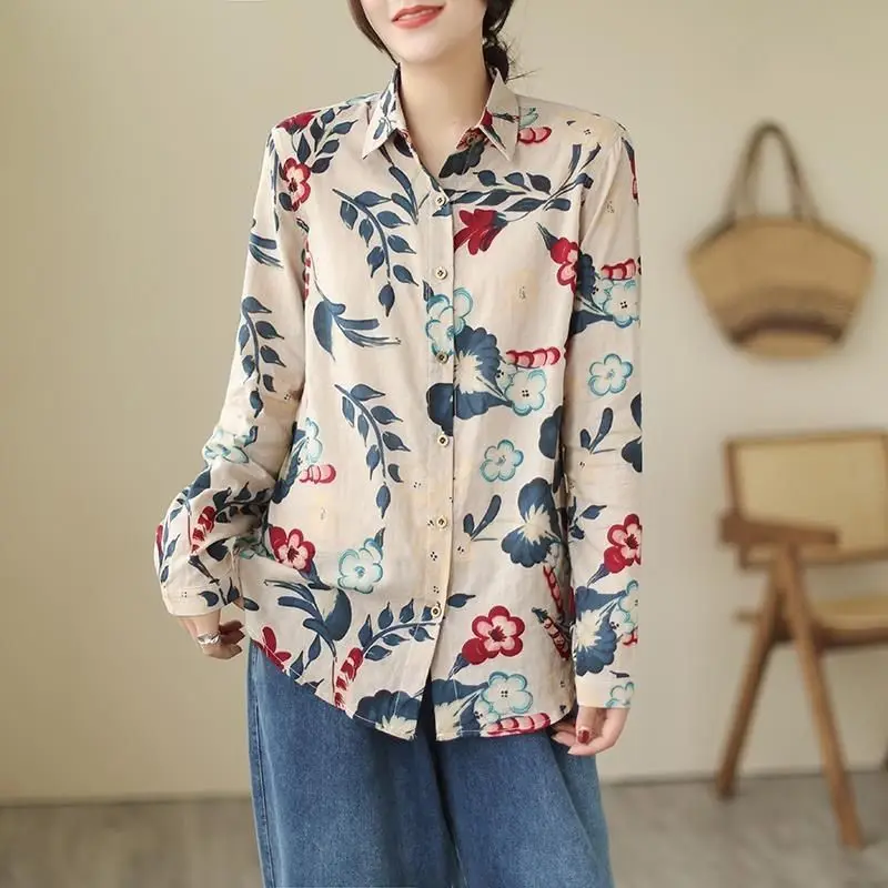 Spring and Autumn Women\'s Cardigan Square Neck Long Sleeve Button Flower Plant&Flowers Loose Vintage Fashion Casual Shirt Tops