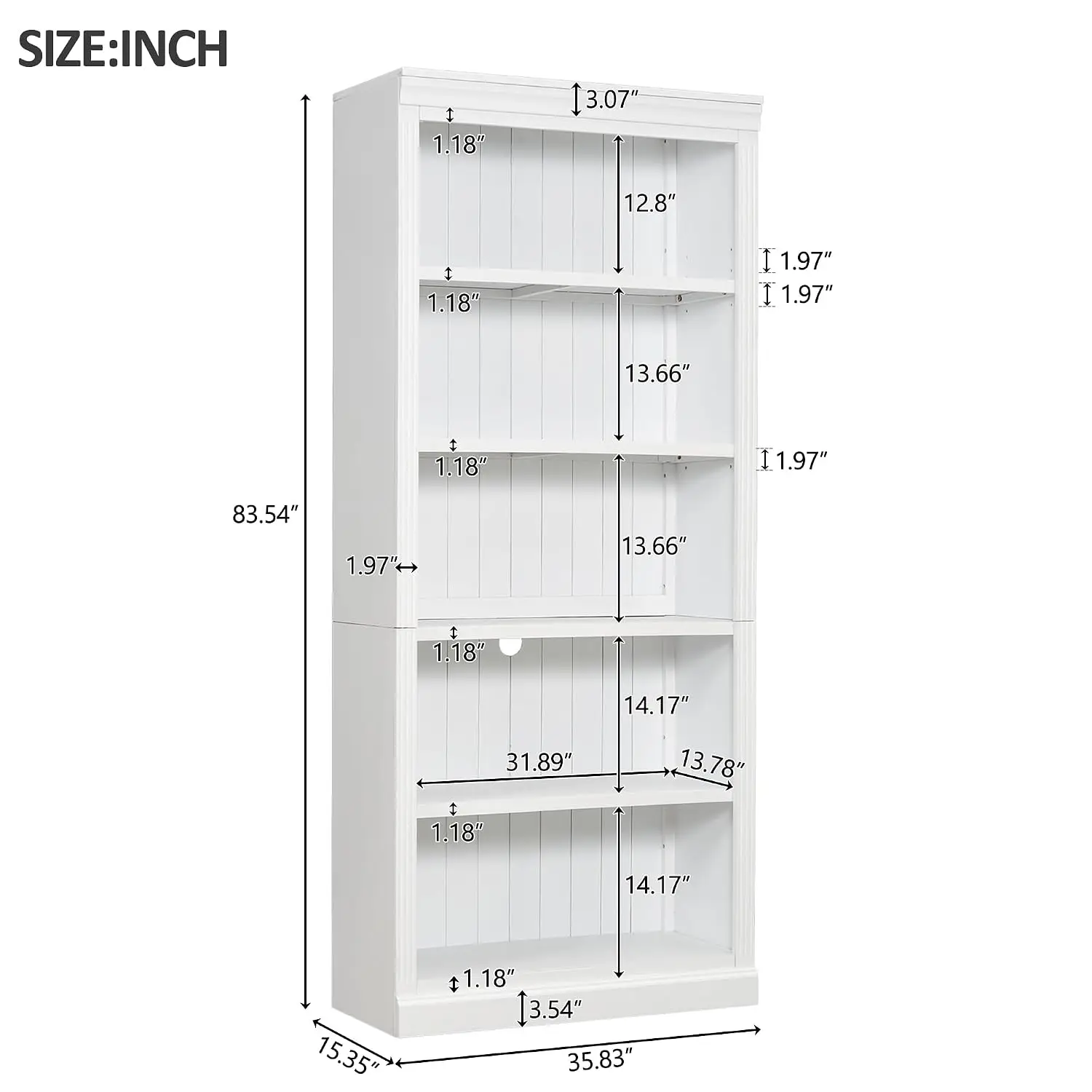 5-Tier Tall Bookshelf With Adjustable Shelves, Freestanding Display Rack For Living Room & Office, 83 Inch, White, Customized