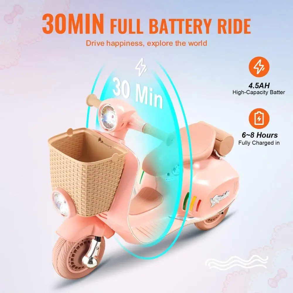Crianças motocicleta elétrica trike 6v bateria passeio em brinquedo para crianças com música bluetooth luzes e cesta de armazenamento perfeito