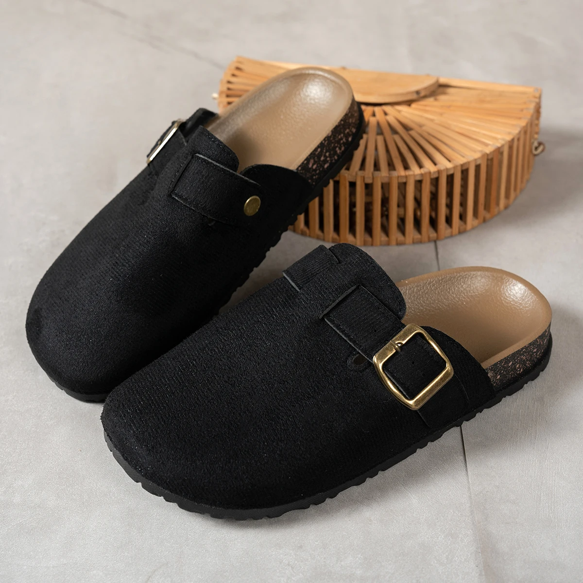 Women Suede Clog Mule Slippers Adjustable Buckle Closed Toe Backless Flat Indoor Outdoor Casual Shoes
