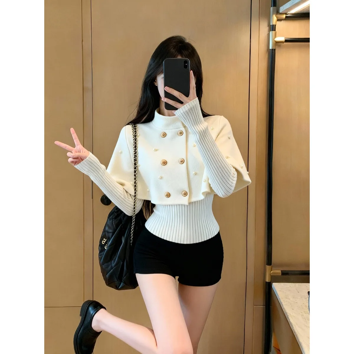 

Women's Autumn Winter Knitted Sweater Set Long Sve Double Breasted Warm Fce Double Breasted Coat Sle Top And Skirt