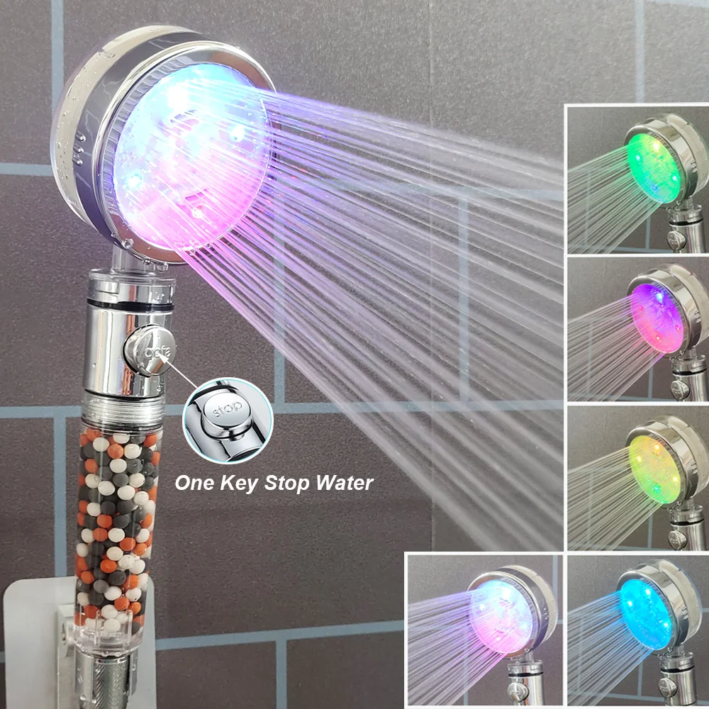 Led Shower Head for Bathroom One Key Stop Water Nozzle Temperature Sensor Negative Ion Stone High Pressure Handheld Shower Head