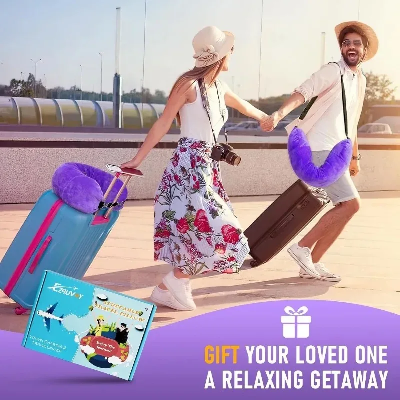 وسادة رقبة للسفر مع ملابس قابلة للتعبئة على شكل حرف U، حقيبة تخزين إضافية، غطاء وسادة رقبة مخملي للسفر على الطائرة