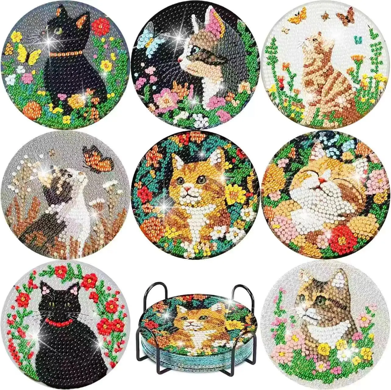 

8 Pcs Cat Diamond Art Coasters Kit for Adults Beginners - Diamond Painting Coasters with Holde, DIY Cat and Flowers Gem Art Dots