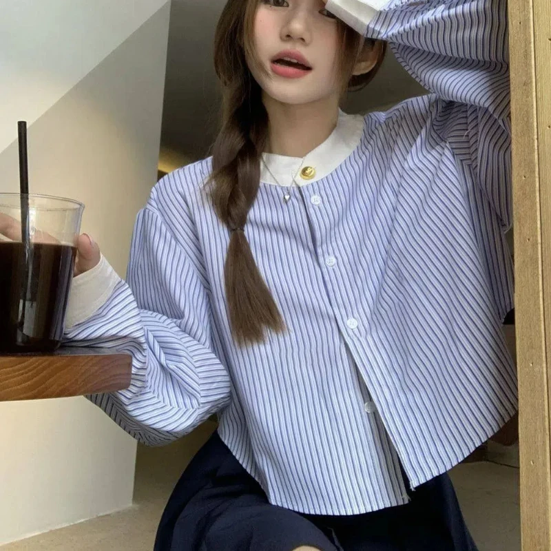 Spring New Blue Striped Long Sleeve Loose Short Shirt Tops Korean Lazy Youth Contrast Blouse Fashion Temperament Women Clothing