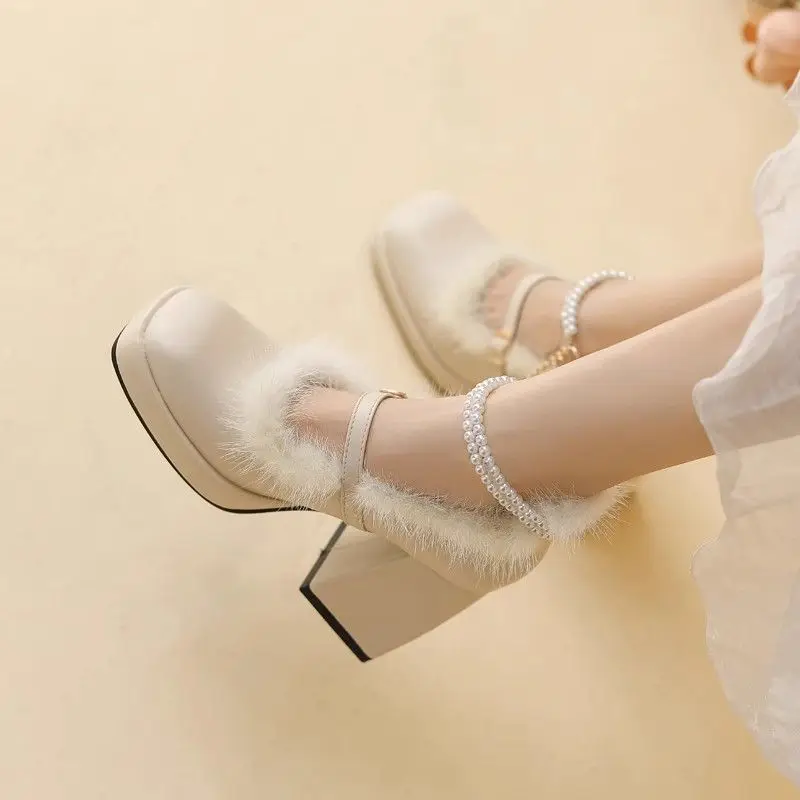 النمط الفرنسي فروي عالية الكعب كعب سميك قصير المرأة الصيف المخملية مشبك حذا فردي للسيدات الكورية نمط كعب منخفض ماري جينس #4