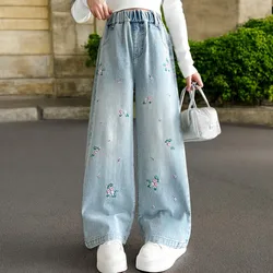 Girls Flower Print Pants Toddler Kids Jeans Children Floral Trousers Teenagers School Outfits Baby Clothes 5 7 9 10 12 13 Years