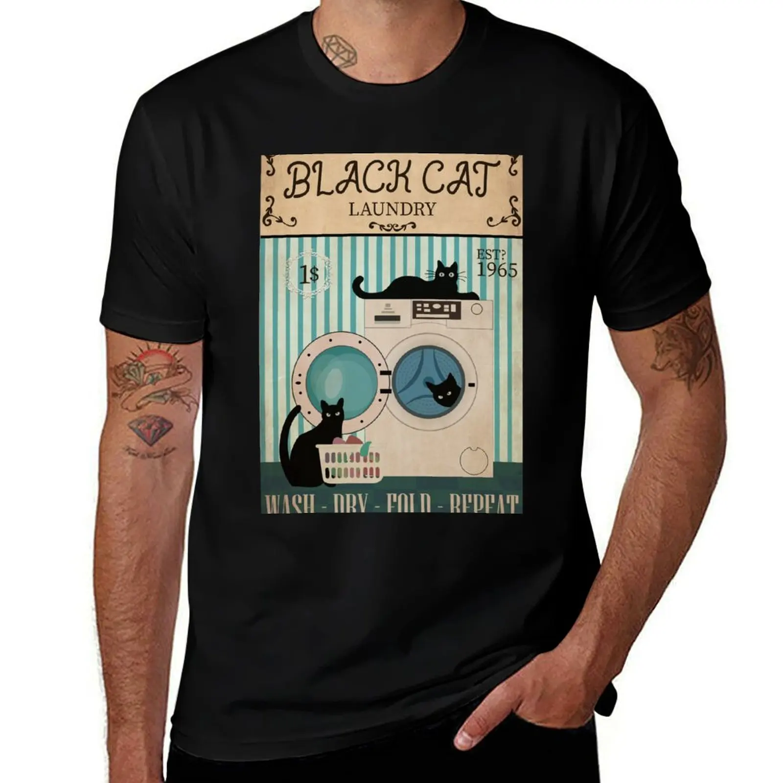 Black Cat Laundry Wash Dry Fold Repeat T-Shirt Independence Day Short Sleeve T-Shirt