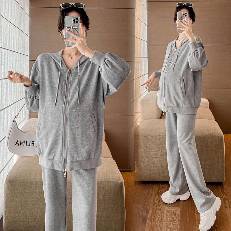 

2PCS Grey Cotton Maternity Hoodies Pants Set Spring Sports Casual Zipper Sweatshirt Clothes for Pregnant Women Pregnancy Outfits