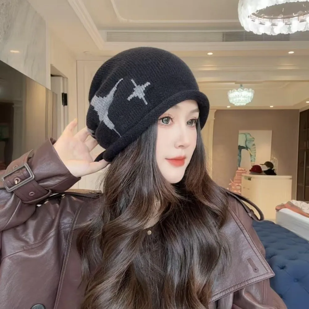 قبعة صوفية محبوكة بنمط نجمة كاجوال مقاومة للرياح وغطاء رأس سميك يحافظ على الدفء قبعة حماية الأذن في الهواء الطلق