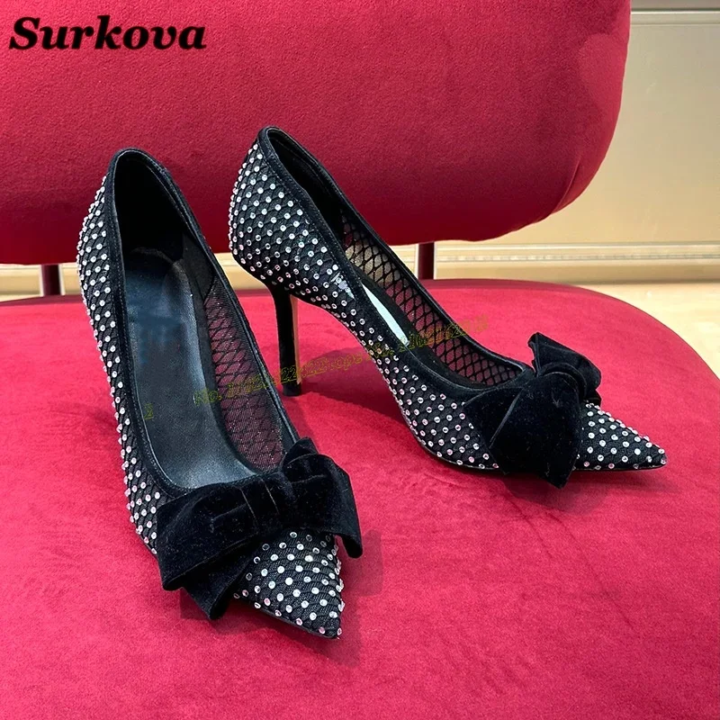 Bowknot Rhinestone Pumps Summer New Mesh Pointed Stiletto High Heels Fashionable Breathable Banquet Dress Wedding Pumps Female