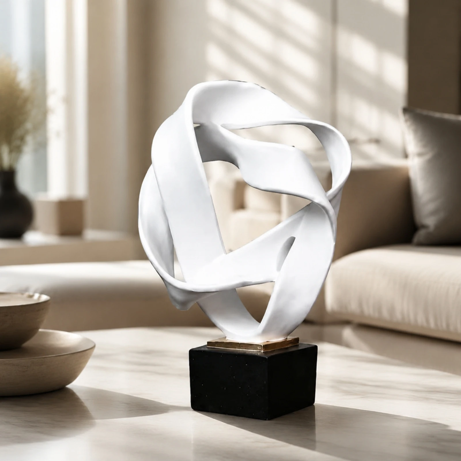 Modern Geometric Decorative Sculpture Contemporary Abstract Flowing Form Sculpture with Pedestal Base for Living Room, Lobby