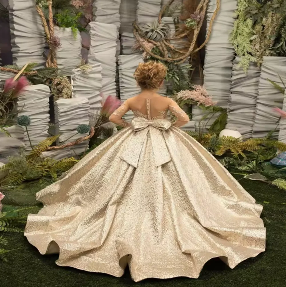 

Gold Big Bow Flower Girl Dresses Appliques Full Sleeves Birthday Wedding Holiday Bridesmaid Dress Customized Clothing