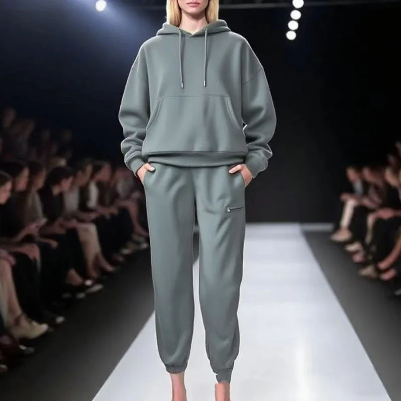 Autumn Solid Fleece Sweatshirt Outfit Women Casual Drawstring Hooded Top Pullover & Long Pant Suit Winter Long Sleeve Simple Set