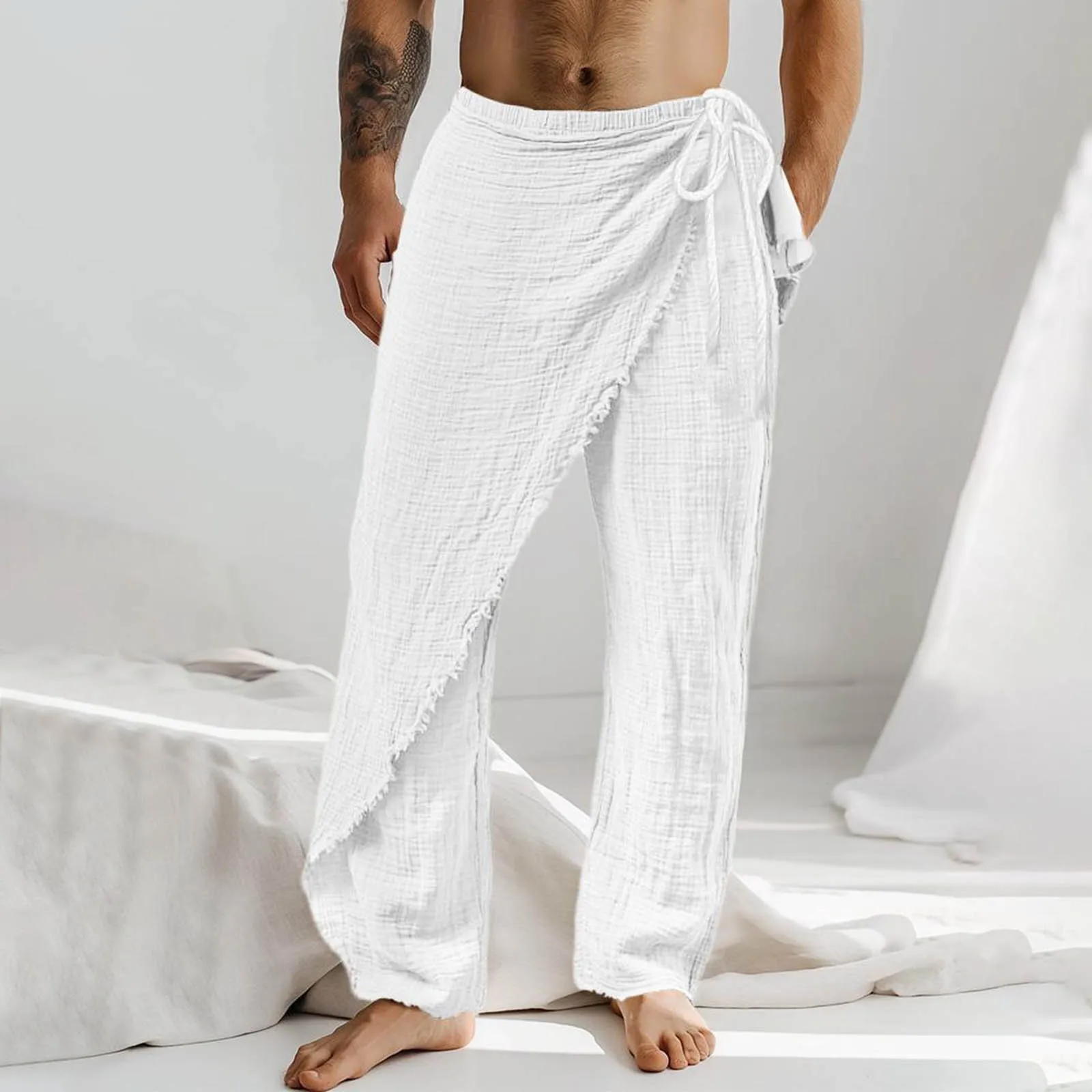 Pantaloni personalizzati con coulisse in lino da uomo pantaloni larghi casuali da vacanza irregolari arruffati con spacco alto pantaloni larghi e traspiranti