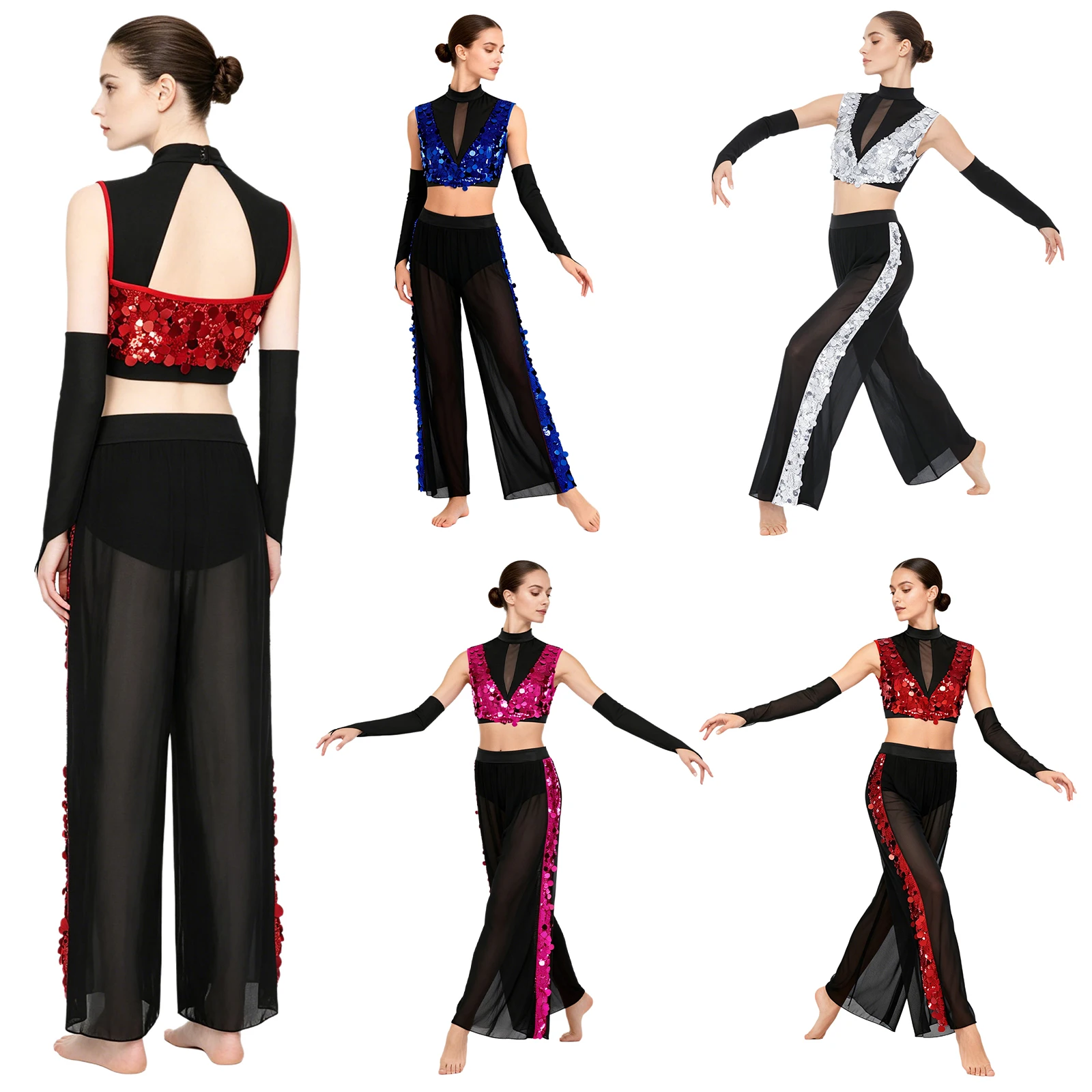 Women Modern Lyrical Dance Skating Gymnastics Acrobatics Outfit Shiny Sequin Crop Top with Mesh Pants Built-in Briefs Gloves Set