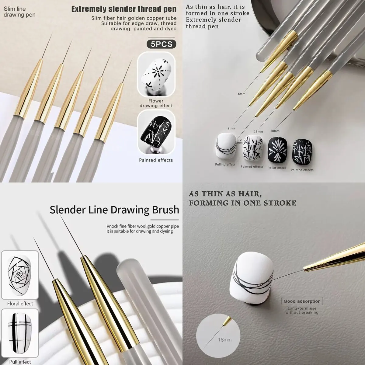 Juego de 5 pinceles profesionales para delineador de uñas, pincel de línea fina para uñas, pinceles de dibujo de precisión para esmalte de uñas de Gel