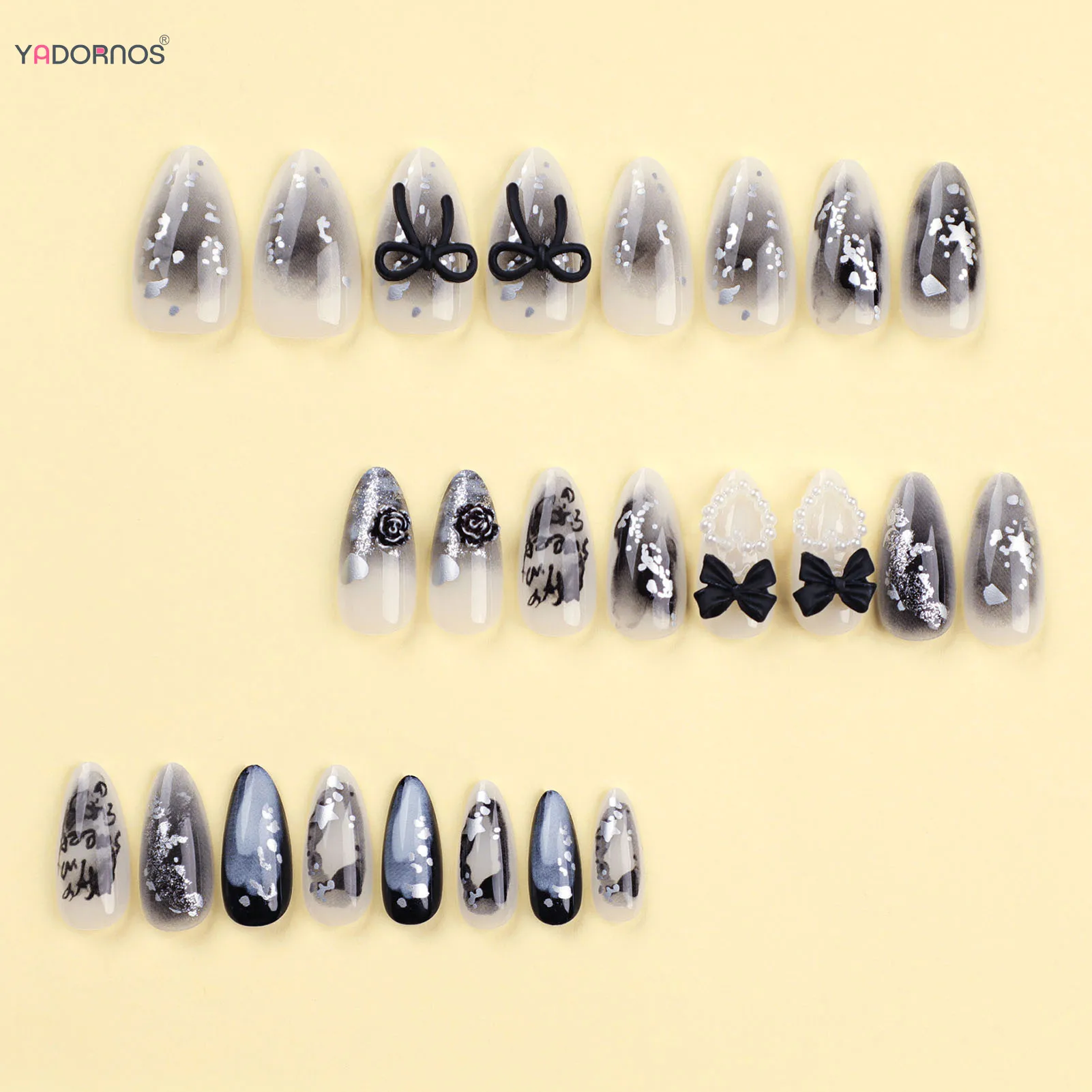 Black Almond Fake Nails 3D Flower Bowknot Designed Pearls Press on Nails Full Cover Wearable False Nails Tips for Y2K Girls