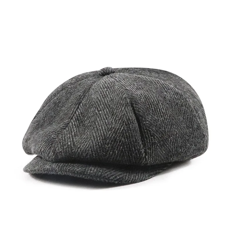 Vintage Newsboy Cap for Men Herringbone Eight Panel Flat Hat Warm Wool Blend Baker Boy Cap Autumn Winter British Retro Casual