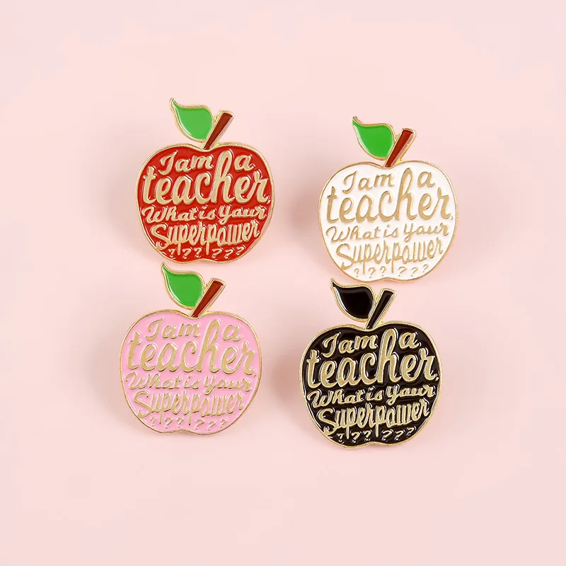 Four Colors Apples Custom Pins with Lettering Enamel Pins Fashion Metal Brooches Badges Denim Clothes Women Pins Gifts Wholesale