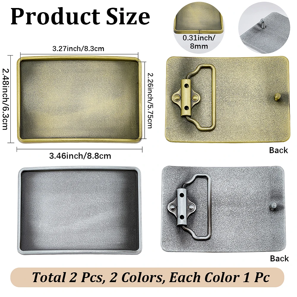 2Pcs Blank Plain Belt Buckle Vintage Western Buckles Rectangle 2.5 x 3.5 Inch Bronze Silve Heavy Duty Metal Replacement