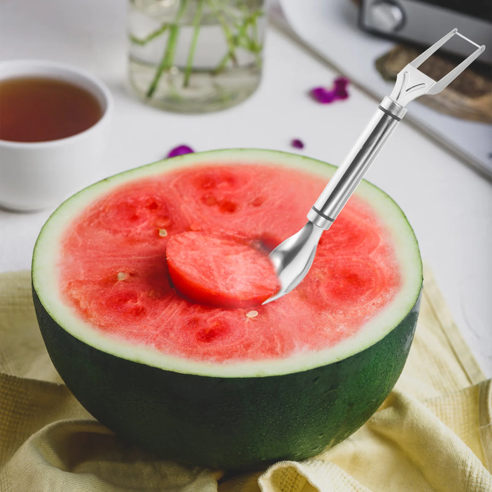 

2Pcs Fruit Cuber Spoon Stainless Steel Watermelon Slicer Cutter Double Head Easy Clean Dishwasher Safe for Melon Fruit Fork