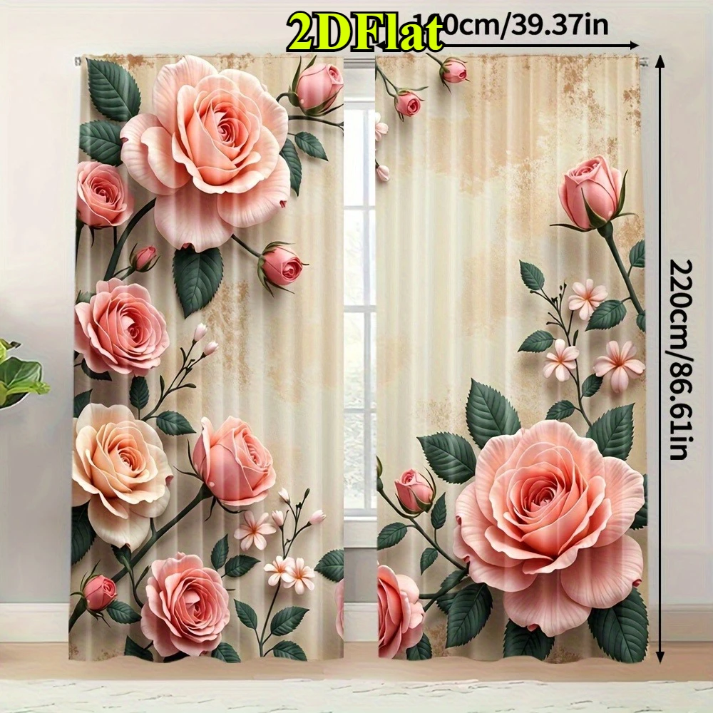 Vintage Pink Rose Curtain 2 Panels, Large Blush Rose Green Leaf Beige Texture Print, Drapes for Romantic Bedroom Floral Curtain