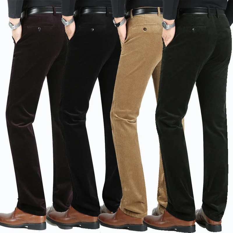 Winter Autumn Pants Men Black Khaki Corduroy Trousers Male Business Casual Pants Straight Warm Thick High Waist 2022