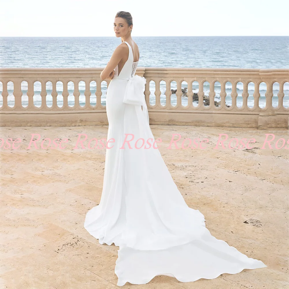 Furtanseo-Robe de mariée en jersey blanc, simple, sexy, décolletée plongeant en v, avec nœud, nouveau style, 2023