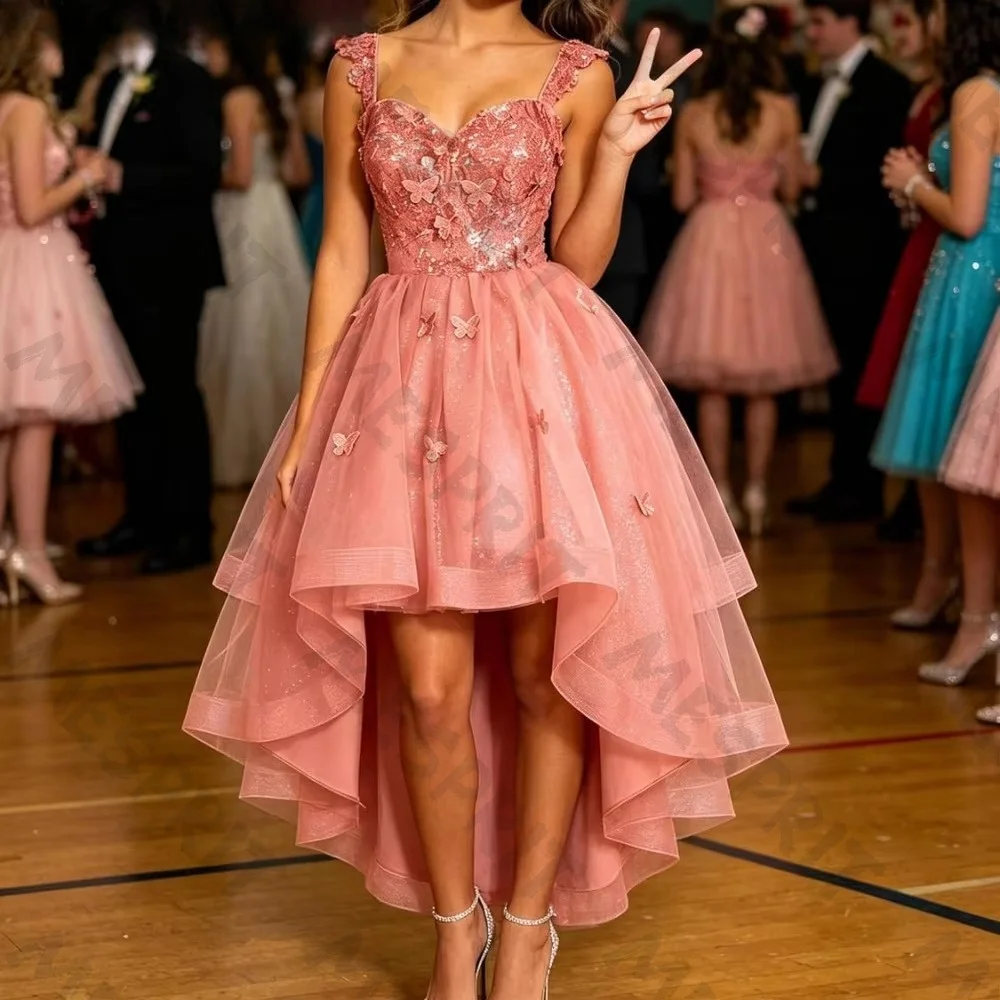 Customized Sequined Lace Thin Shoulder Strap Evening Gown 2026 Silver Waist Cinched Front High Back Low Skirt Mini Ball Dress