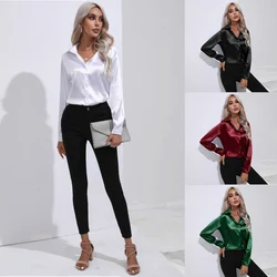 Elegant Women's Shirt Satin Imitation Silk Long Sleeve Shirt Summer Solid Office Lady Lapel Button Blouse Women Tops Clothing