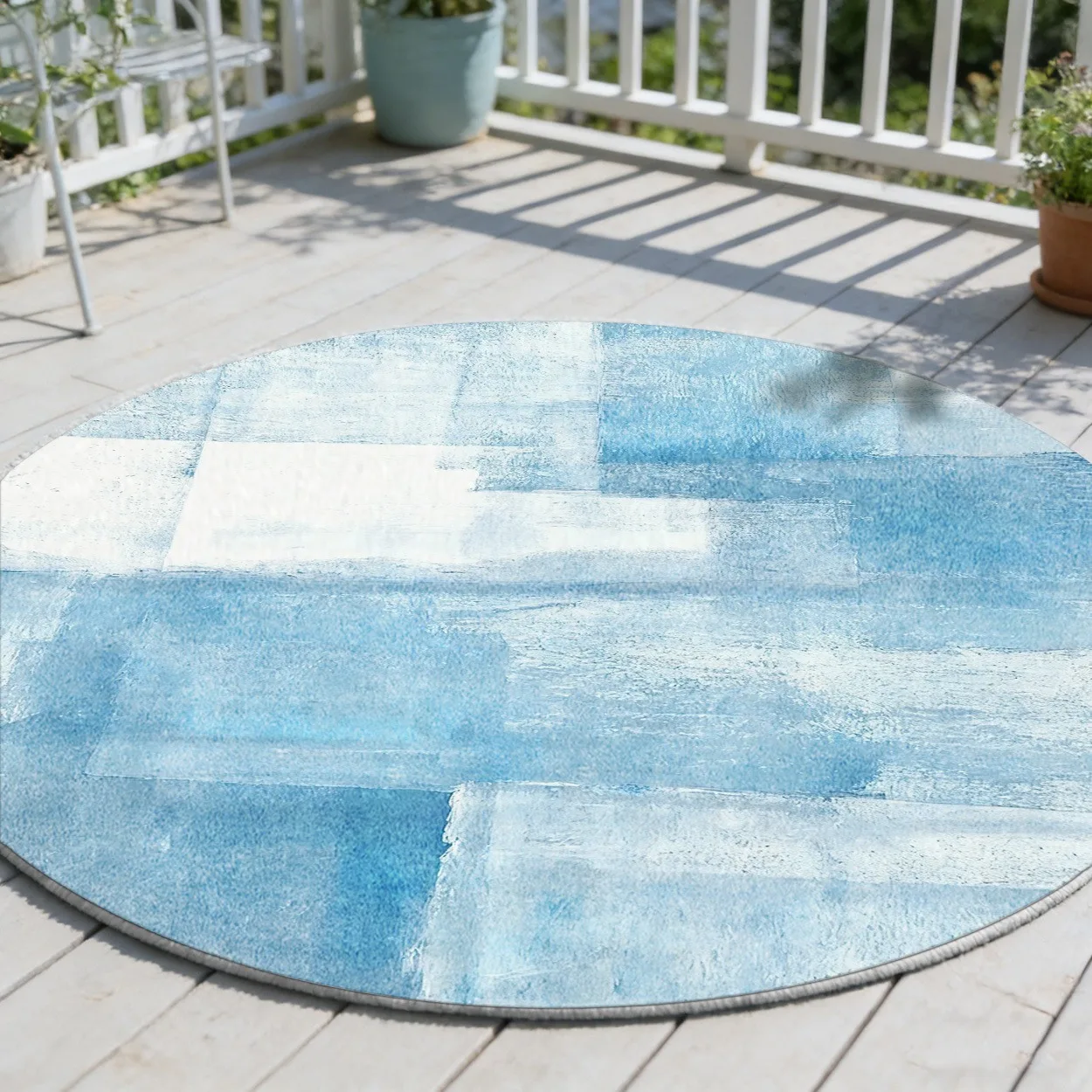 Abstract Blue White Brush Stroke Round Rug Block Texture Print Soft Circular Mat Indoor Outdoor Modern Home Decor Carpet
