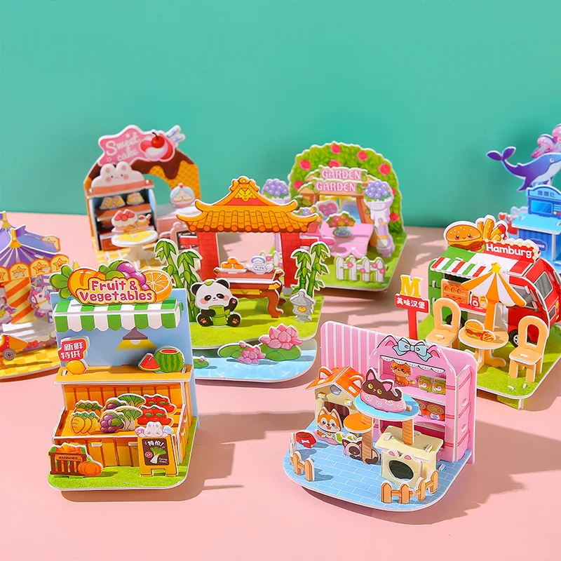 

5 Pcs Creative children's DIY 3D puzzle card handmade house model children's assembled educational toys paper puzzle gift