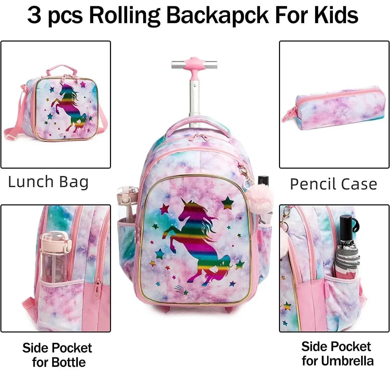 Set ransel bergulir 18 inci, tas sekolah beroda, ransel anak dengan tas makan siang terisolasi dan tas buku tempat pensil untuk anak laki-laki dan perempuan