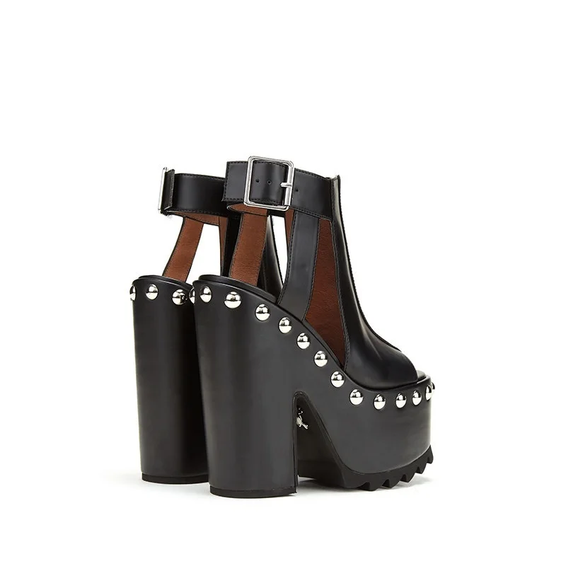 Black Studd Peep Toe Platform Block Heel Sandals Ankle Buckle Gothic Punk Women Rock Festival Street Edgy Daily Summer Footwear