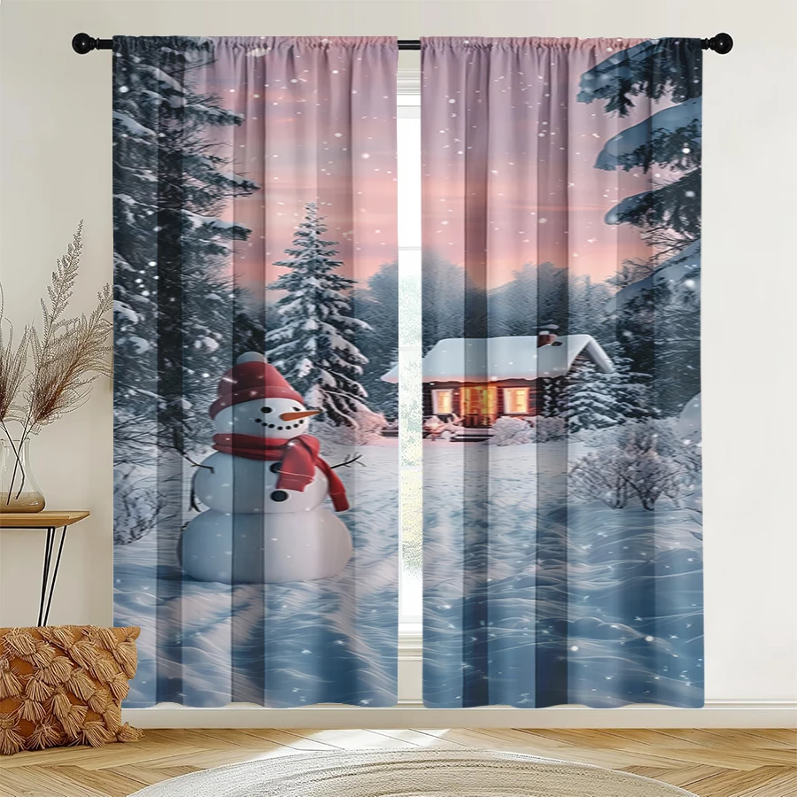 2PCS Christmas Winter Curtains, Pink Snowman Cabin, Digital Print, Bedroom Living Room, Rod Pocket, Polyester, Home Decor