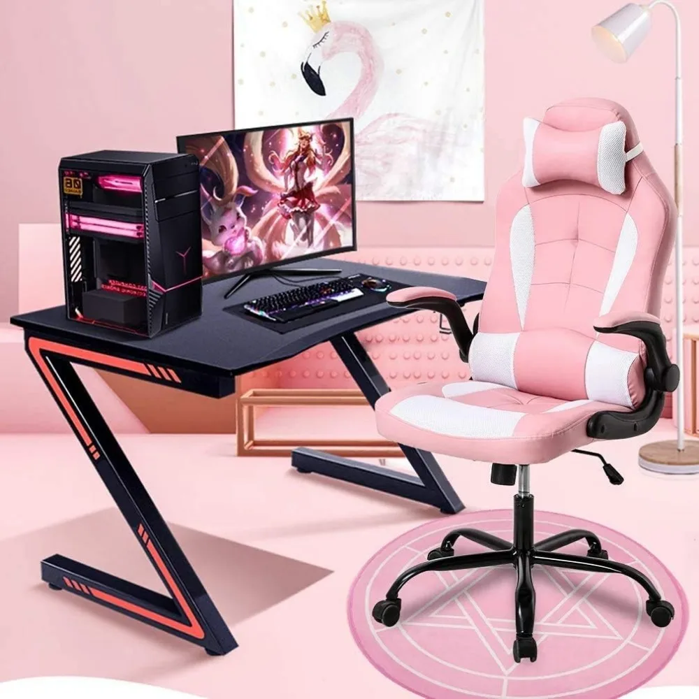 Pink Office Chair, Ergonomic High Back Computer Chair, Rotating Office Chair with Lumbar Support and Foldable Armrests