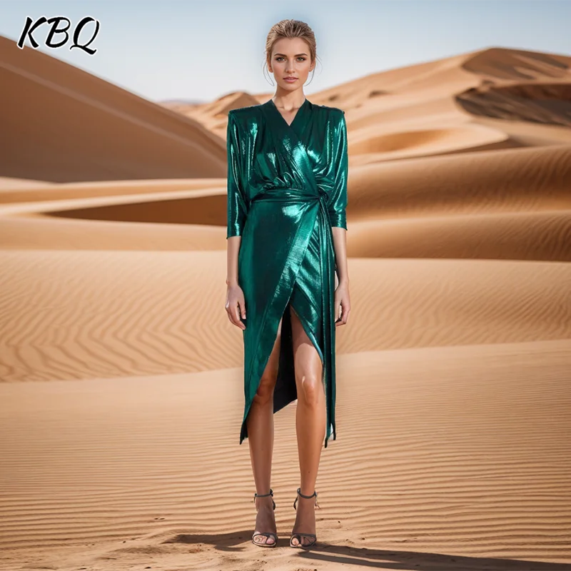 

KBQ Solid Elegant Long Dresses For Women V Neck Half Sleeve High Waist Spliced Lace Up Slimming Sexy Pullover Dress Female Style