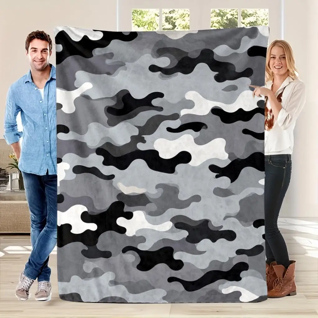 Gray Camouflage Blanket Military Style Pattern Soft Fleece Throw Cozy Home Decor Gift For Men Outdoor Enthusiasts And Soldiers